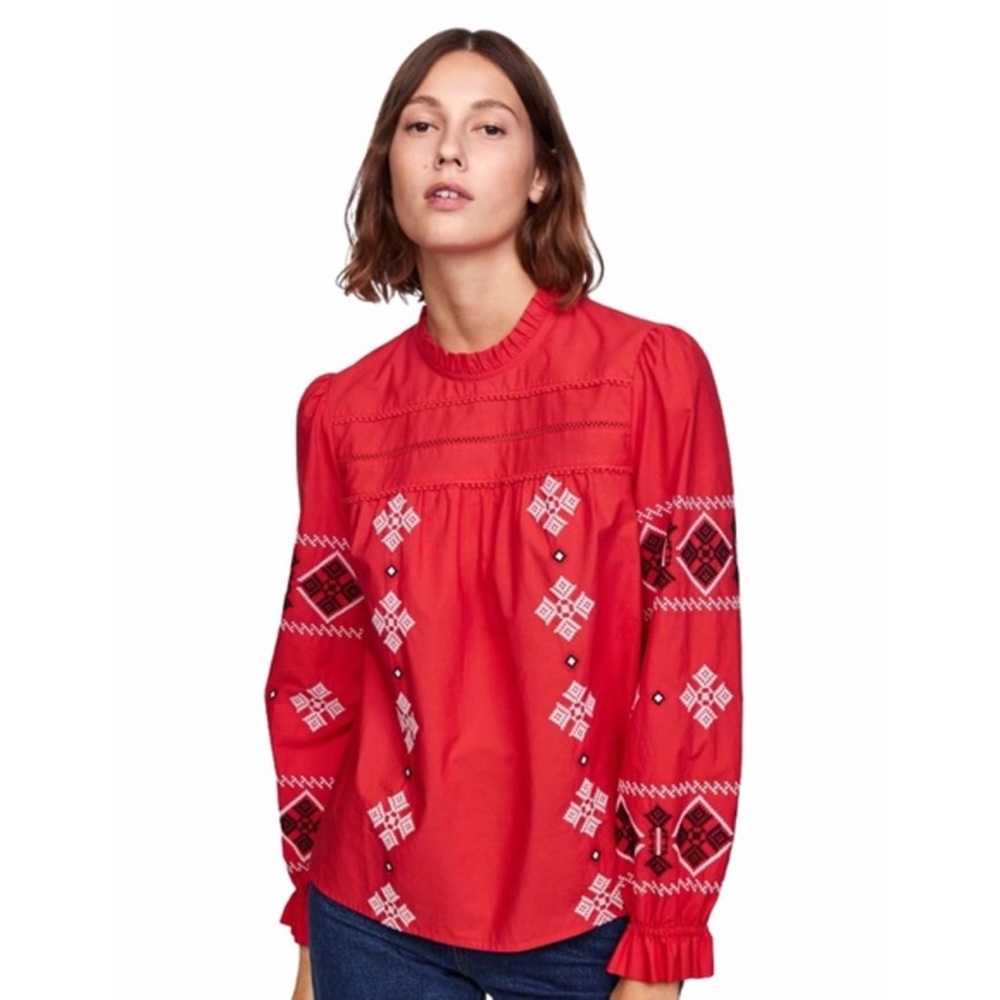 Zara Womens Red Embroidered Boho Blouse Cotton Sz Small